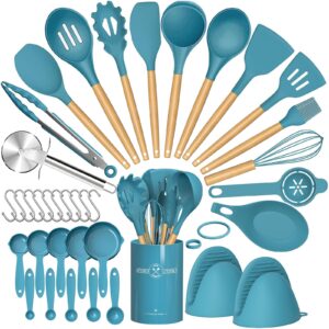 umite chef 36pcs silicone kitchen cooking utensils with holder, heat resistant cooking utensils sets wooden handle, nonstick kitchen gadgets tools include spatula spoons turner pizza cutter(blue)