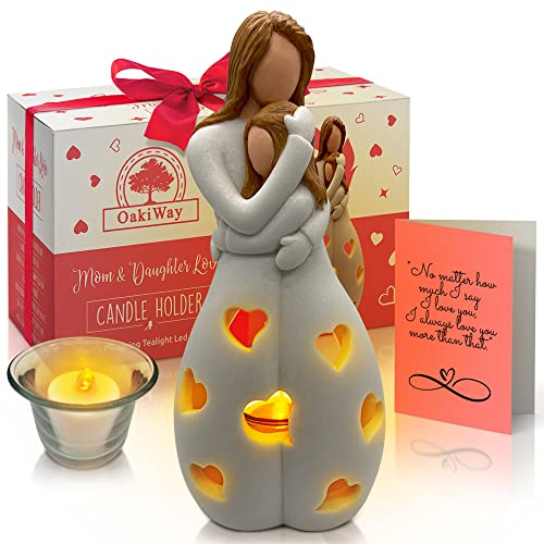 Gifts for Mom from Daughter, Mothers Day Present - Candleholder Statue W/Flickering LED - Birthday Gift for Daughters, Christmas Moms Unique Gift Ideas, Greeting Card, Seasonal Décor (Light Brown)