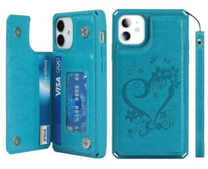 icovercase for iphone 12 mini wallet case for women, iphone 12 mini case with card holder and wrist strap, rfid blocking embossed leather kickstand shockproof case 5.4 inch (heart blue)