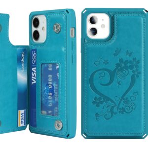 iCoverCase for iPhone 12 Mini Wallet Case for Women, iPhone 12 Mini Case with Card Holder and Wrist Strap, RFID Blocking Embossed Leather Kickstand Shockproof Case 5.4 Inch (Heart Blue)