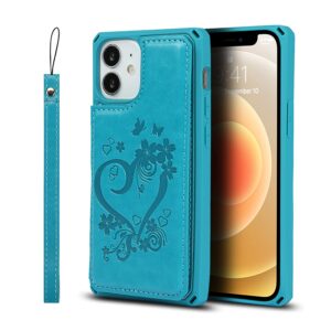 iCoverCase for iPhone 12 Mini Wallet Case for Women, iPhone 12 Mini Case with Card Holder and Wrist Strap, RFID Blocking Embossed Leather Kickstand Shockproof Case 5.4 Inch (Heart Blue)