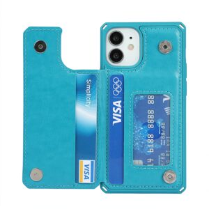 iCoverCase for iPhone 12 Mini Wallet Case for Women, iPhone 12 Mini Case with Card Holder and Wrist Strap, RFID Blocking Embossed Leather Kickstand Shockproof Case 5.4 Inch (Heart Blue)