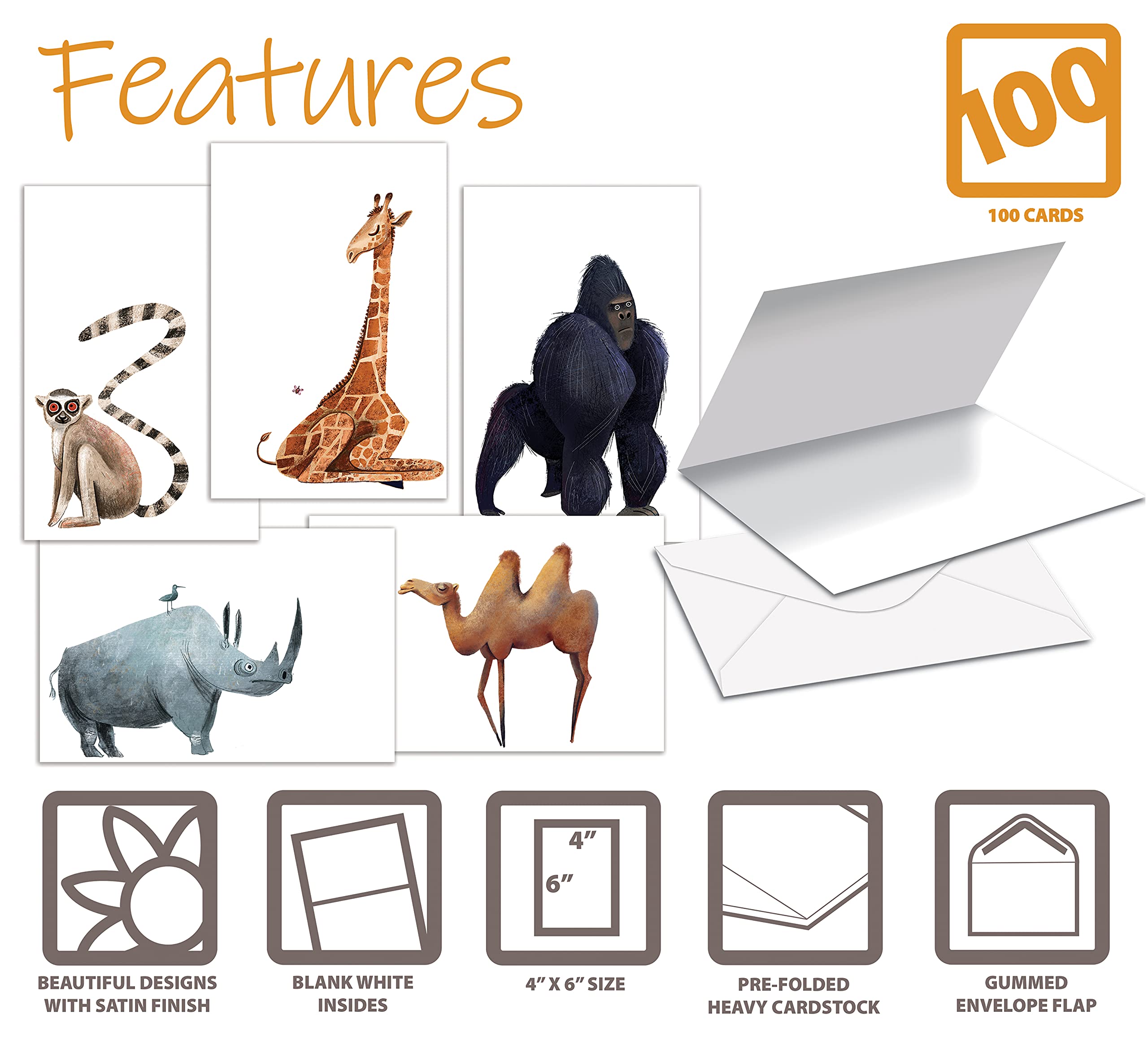 Better Office Products 100-Pack All Occasion Greeting Cards, Assorted Blank Note Cards, 4 x 6 inch, 10 Cute & Fun Wild Animal Designs, Blank Inside, with Envelopes, 100 Pack