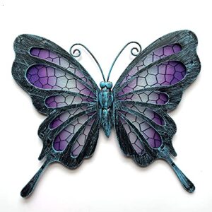 poxoho metal butterfly wall decor,11" inch glass outdoor wall decor,outdoor plaques & wall art,suitable for metal wall decorations for yard fence patio