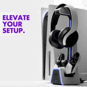 Tilted Nation Headset and Controller Stand - PS4/PS5 Headset Stand with Wireless Controller Charger - Gaming Headphone and Controller Holder for Desk, PC - White