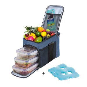 TOP&TOP Blue 13"L x 7"W x 9"H Reusable Lunch Box with 6mm Insulation Foam - Leakproof, Easy to Clean, Adjustable Shoulder Strap, Holds 3 Containers, Mesh Pockets