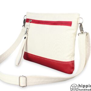 Natural Cotton Crossbody Wristlet Clutch Eco-Friendly Vegan Faux Leather Bag Phone Tablet Case Detachable Strap Unbleached Raw Canvas Fabric (Red)