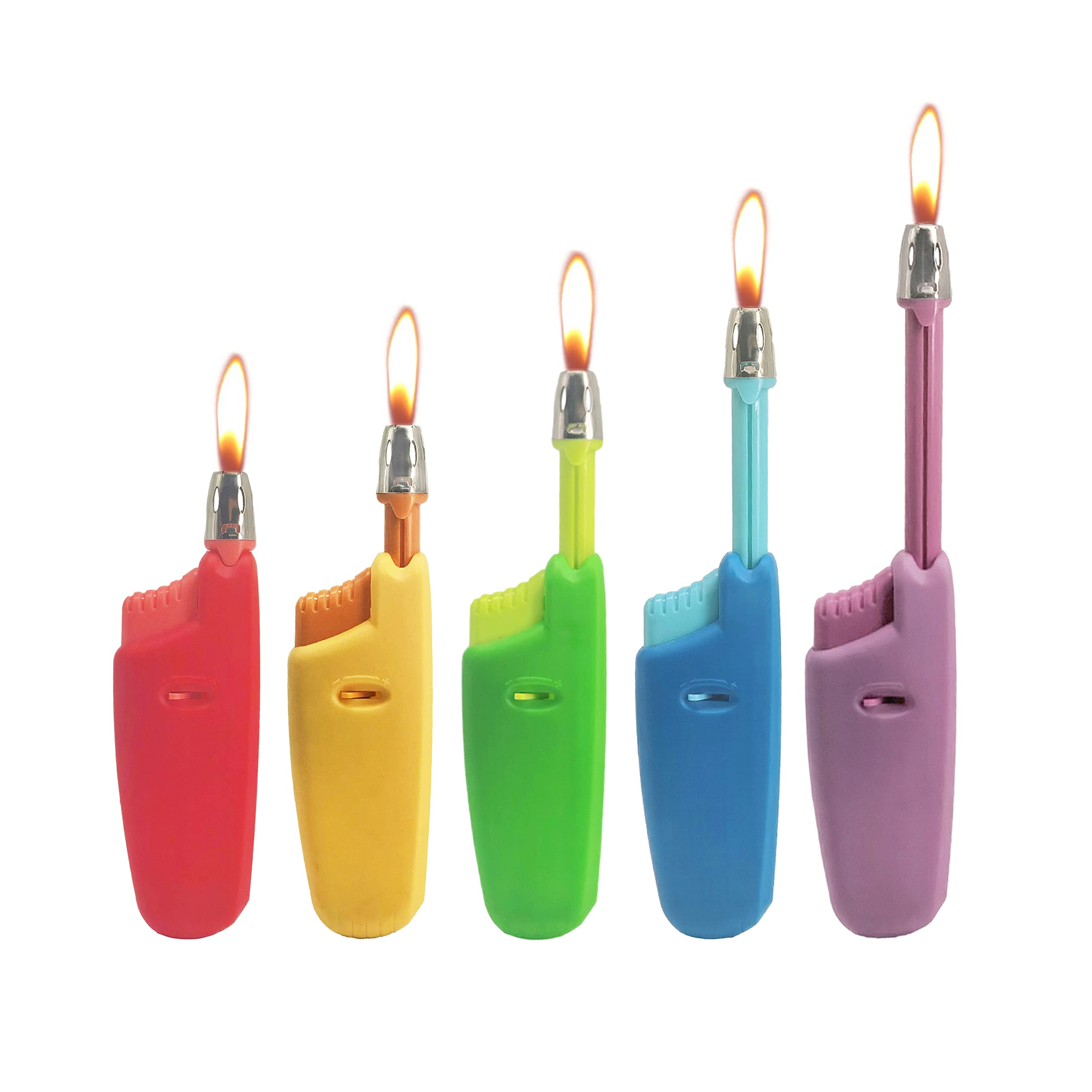 Candle Lighter Long Neck Adjustable Lighter Butane Gas Refillable Plastic Lighter Kitchen Igniter (5 Pack) (Butane Included) (5 Pack Lighters)