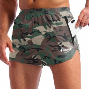 Pudolla Men’s Running Shorts 3 Inch Quick Dry Gym Athletic Workout Shorts for Men with Zipper Pockets(Camo Green Medium)