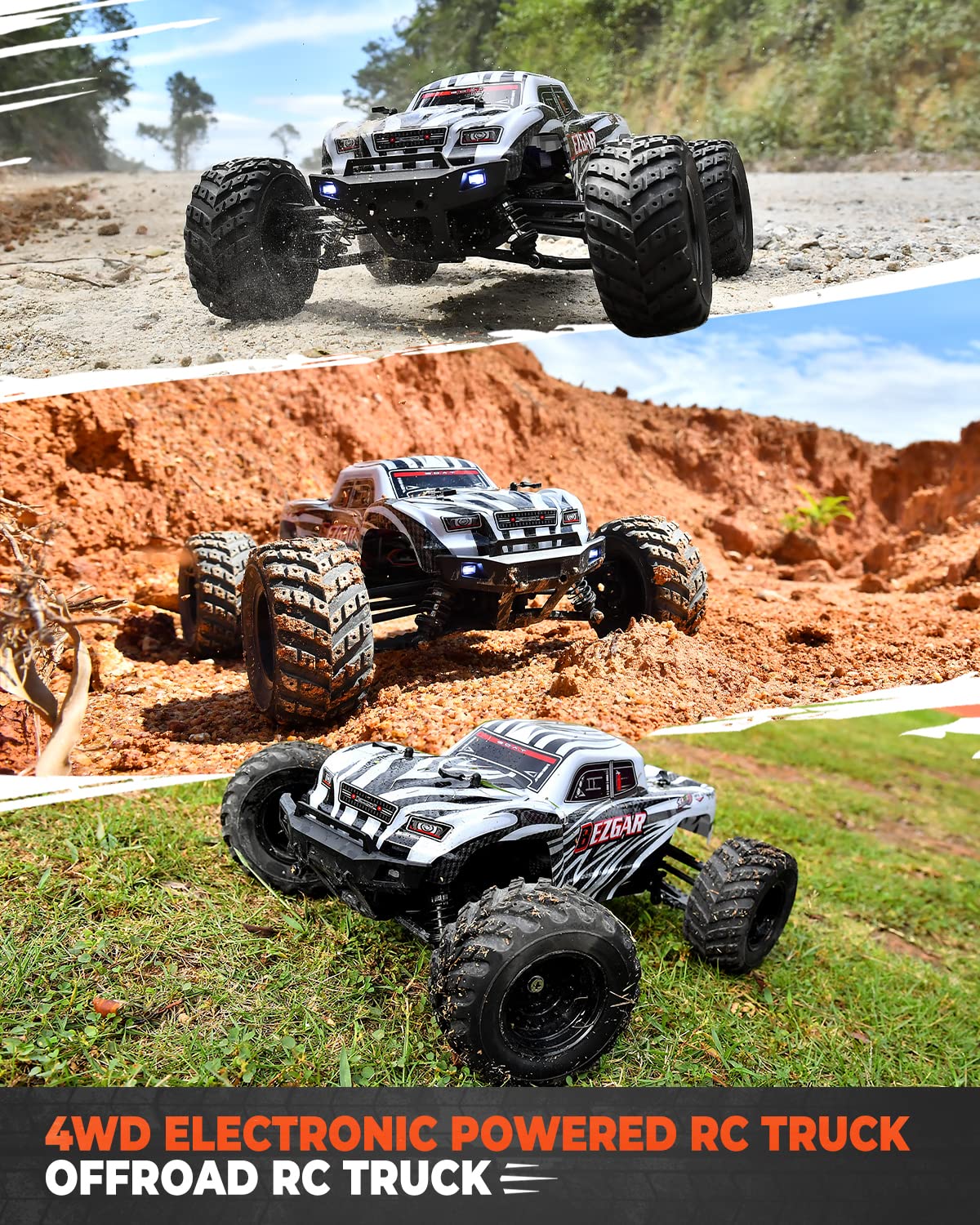 BEZGAR HM121 1:12 Scale RC Truck - 4x4 Offroad Waterproof High Speed 45+ KM/H Remote Control Truck for All Terrains, 2.4Ghz 4WD Fast RC Cars for Adults and Kids Boys with 2 Rechargebale Batteries