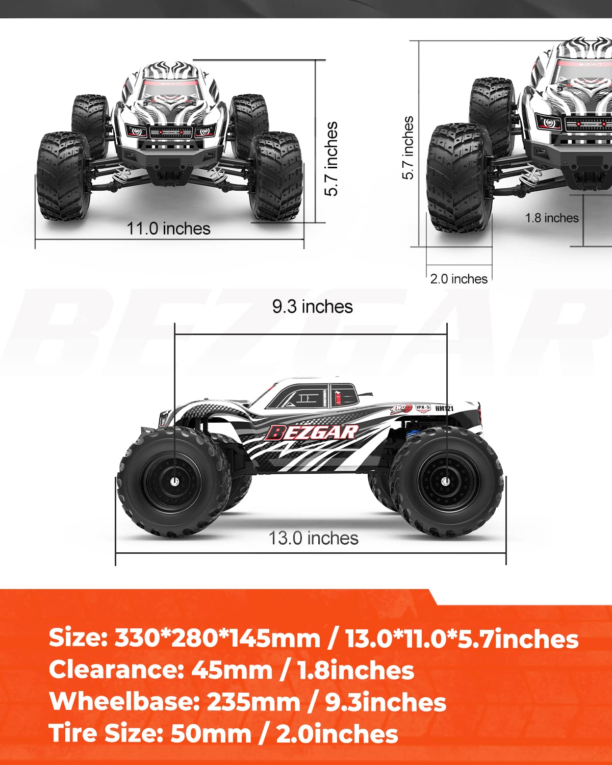 BEZGAR HM121 1:12 Scale RC Truck - 4x4 Offroad Waterproof High Speed 45+ KM/H Remote Control Truck for All Terrains, 2.4Ghz 4WD Fast RC Cars for Adults and Kids Boys with 2 Rechargebale Batteries