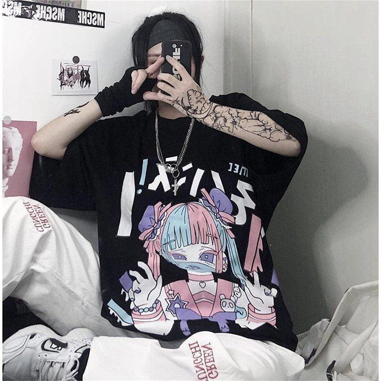 Women Summer Gothic T-Shirt Anime Aesthetic Print Harajuku Fashion Casual Tops (Black3, XL)