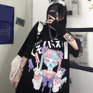 Women Summer Gothic T-Shirt Anime Aesthetic Print Harajuku Fashion Casual Tops (Black3, XL)