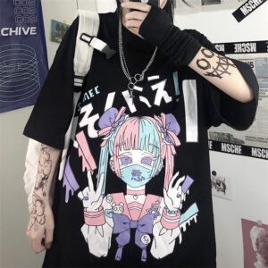 Women Summer Gothic T-Shirt Anime Aesthetic Print Harajuku Fashion Casual Tops (Black3, XL)