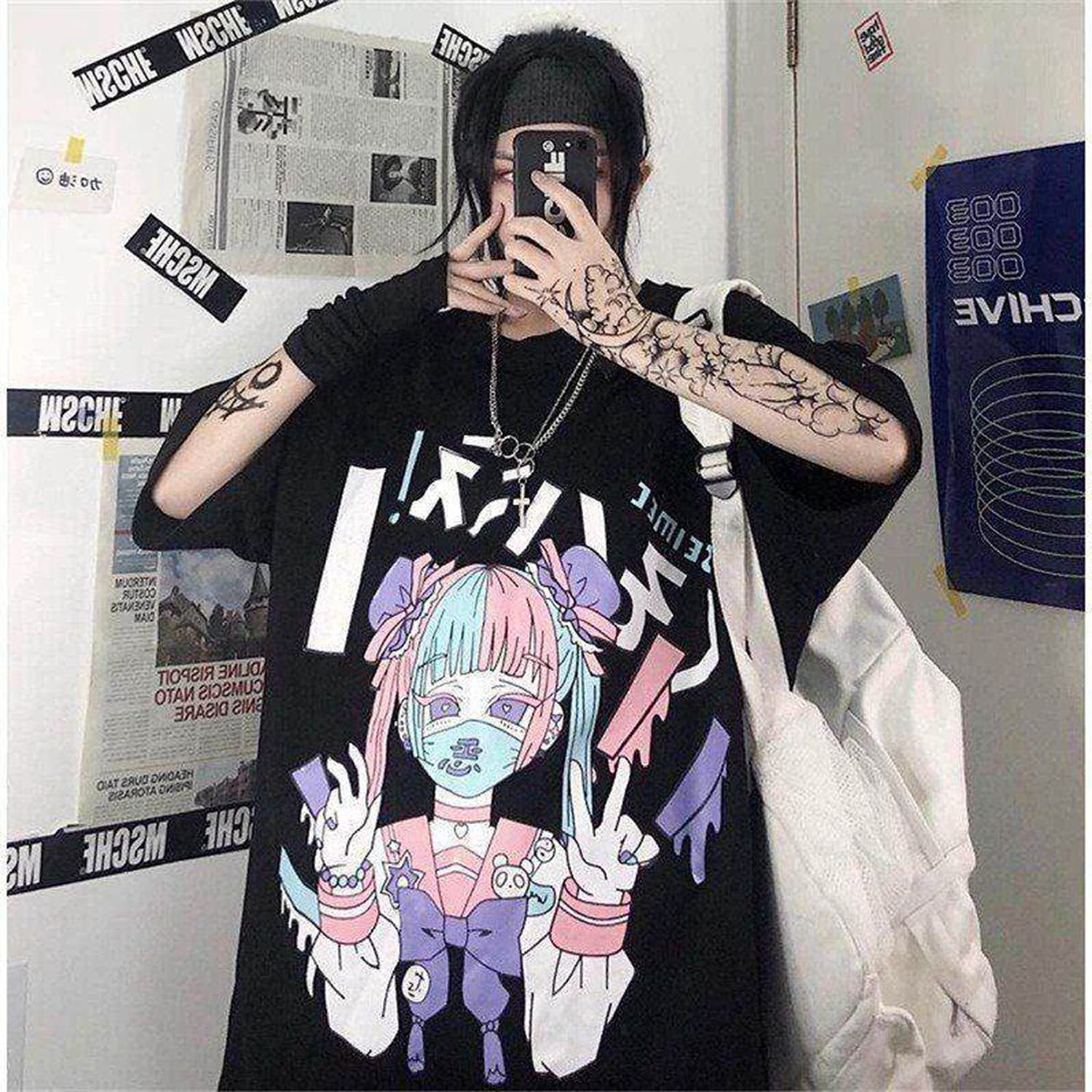 Women Summer Gothic T-Shirt Anime Aesthetic Print Harajuku Fashion Casual Tops (Black3, XL)