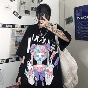 Women Summer Gothic T-Shirt Anime Aesthetic Print Harajuku Fashion Casual Tops (Black3, XL)