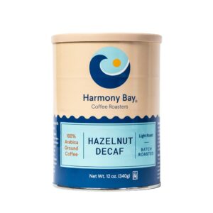 harmony bay decaf hazelnut flavored coffee - 100% arabica gourmet ground decaffeinated coffee - light roast - small batch roasted - aromatic nutty flavored coffee - 12 oz can (pack of 6)