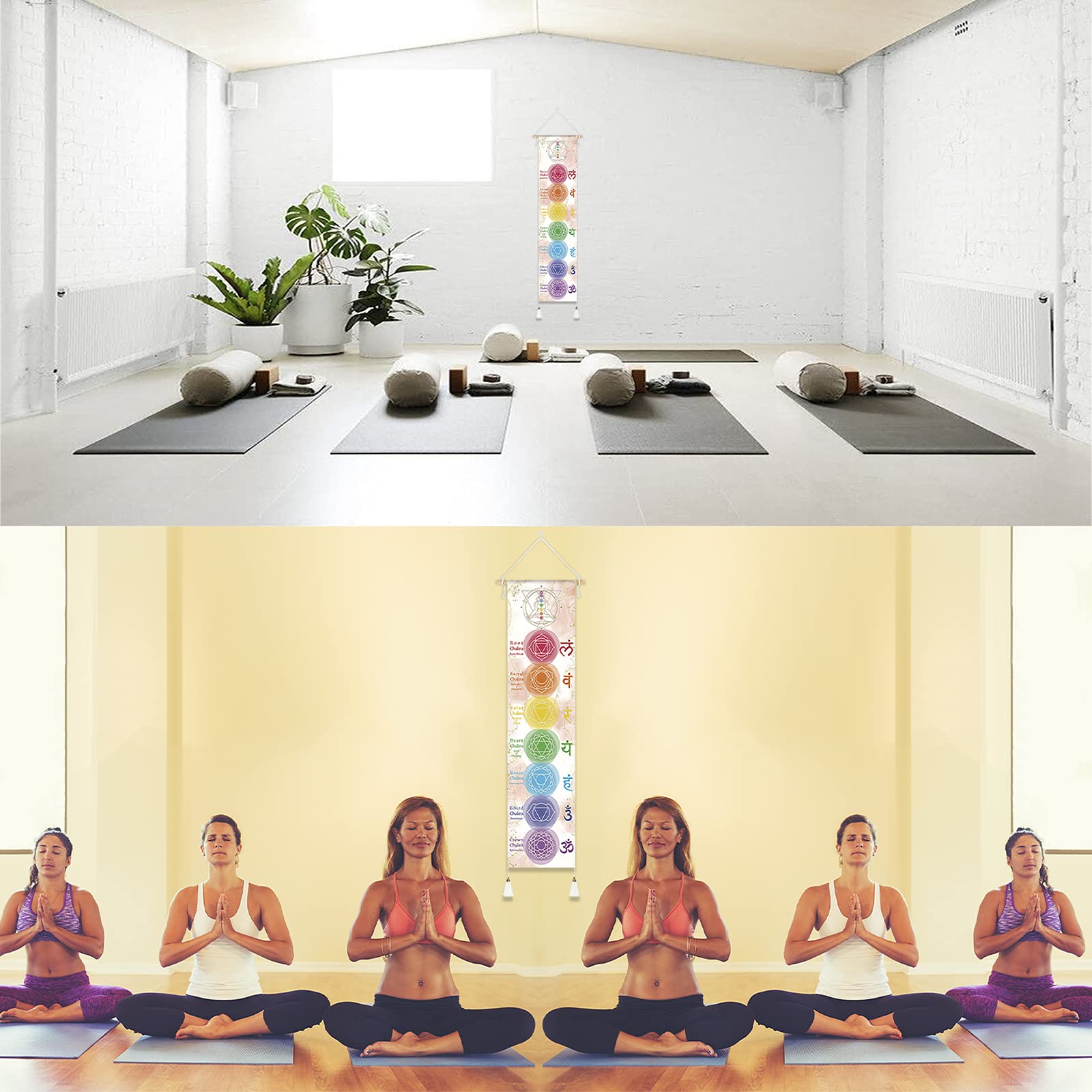 DigiTizerArt Hanging Poster Canvas Wall Art Banner for Meditation 7 Chakras Yoga Painting | Wall Hanging Tapestry Decoration Black and White | 33 x 135 cm (White)