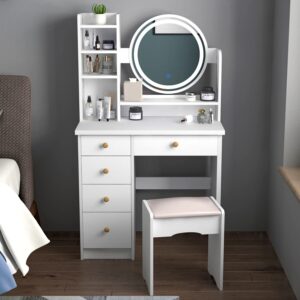 fufu&gaga vanity set with round mirror, makeup vanity dressing table with 5 drawers, shelves, dresser desk and cushioned stool set (white/lighted mirror)