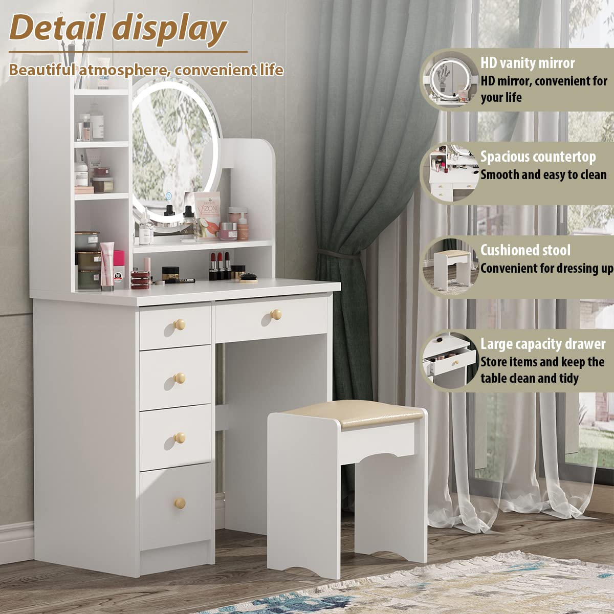 FUFU&GAGA Vanity Set with Round Mirror, Makeup Vanity Dressing Table with 5 Drawers, Shelves, Dresser Desk and Cushioned Stool Set (White/Lighted Mirror)