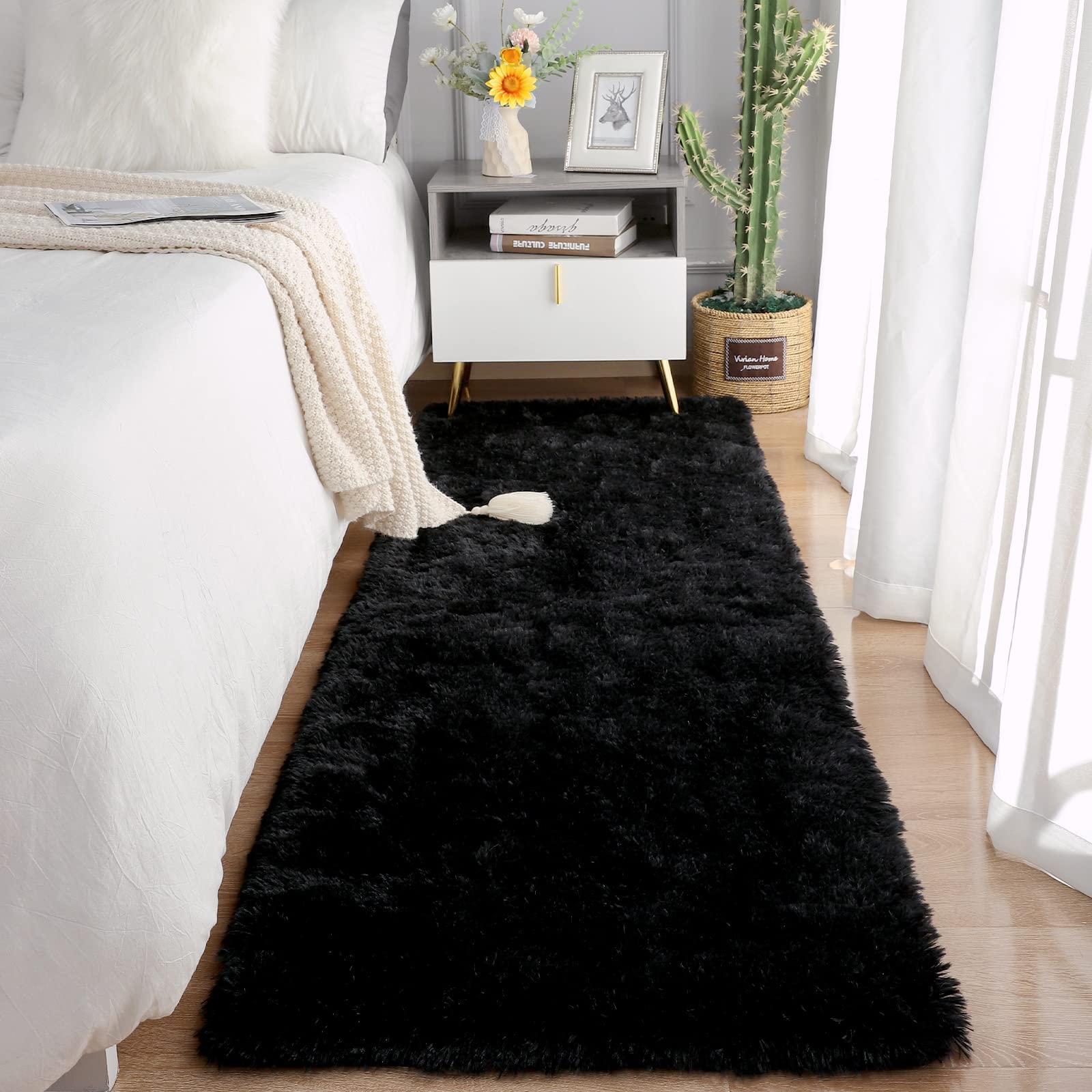 Chicrug Soft Runner Rugs for Bedroom Living Room Plush Fluffy Rug 2x6 Feet, Shag Furry Area Rug Carpet Non Shedding for Nursery Children Kids Girls Room Home Decorative, Black