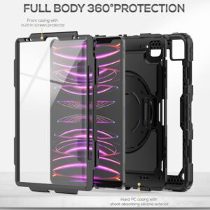 SEYMAC Case for iPad Pro 12.9 Case 2022/2021/ 2020/2018, Heavy Duty Protection Shockproof Case with Screen Protector, 360° Rotating Stand/Handle/Shoulder Strap, Supports Pencil 2 Charging, Black