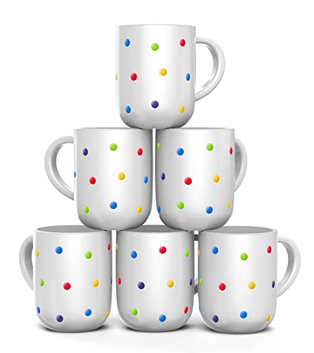 Francois et Mimi, Set of 6 Large 16 Ounce Ceramic Coffee Mugs (White Polka Dot)