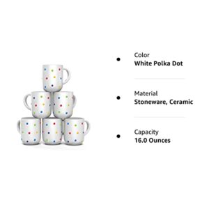 Francois et Mimi, Set of 6 Large 16 Ounce Ceramic Coffee Mugs (White Polka Dot)