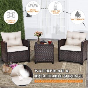 Tangkula 3 Pieces Patio Furniture Set, PE Rattan Wicker 3 Pcs Outdoor Sofa Set w/Washable Cushion and Tempered Glass Tabletop, Conversation Furniture for Garden Poolside Balcony (White)