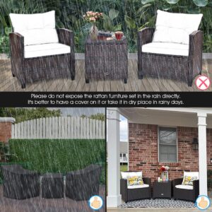 Tangkula 3 Pieces Patio Furniture Set, PE Rattan Wicker 3 Pcs Outdoor Sofa Set w/Washable Cushion and Tempered Glass Tabletop, Conversation Furniture for Garden Poolside Balcony (White)