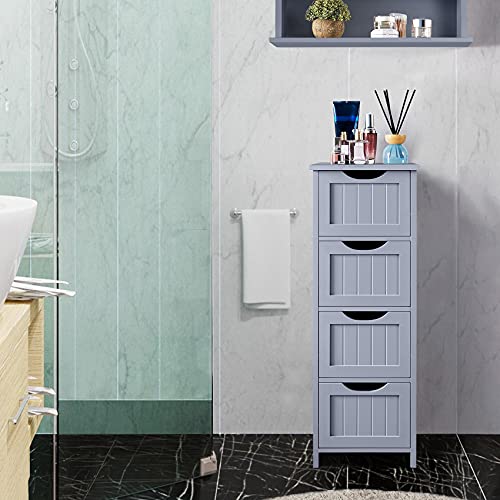 Yaheetech Bathroom Floor Cabinet, Wooden Side Storage Organizer, 4 Drawers Free-Standing Cabinet for Bathroom/Hallway/Living Room, Gray