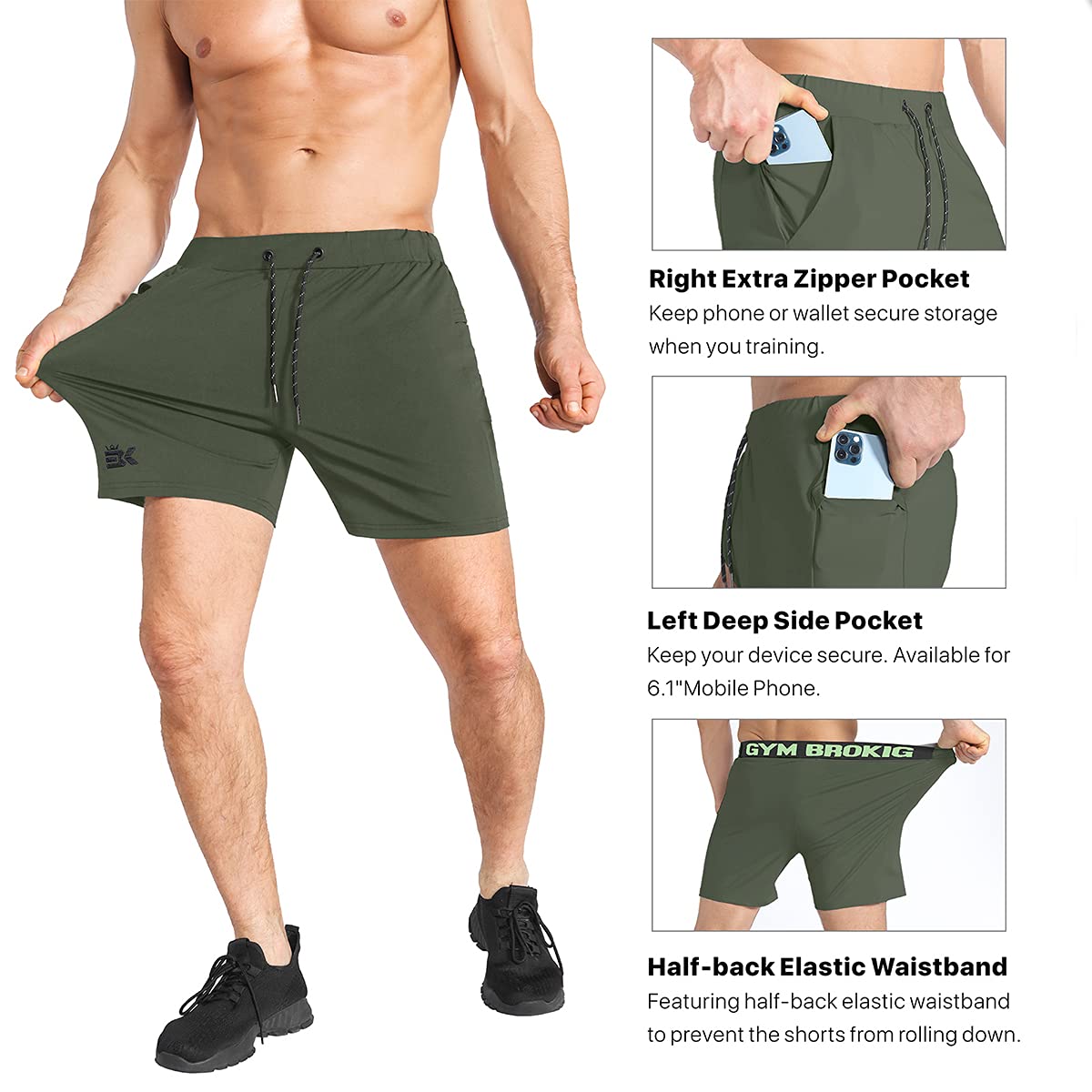 BROKIG Men's Lightweight Gym Shorts,Bodybuilding Quick Dry Running Athletic Workout Shorts for Men with Pockets(Army Green, Medium)