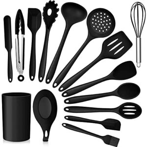 kitchen utensils set, e-far 15-piece silicone cooking utensils with holder, non-stick cookware friendly & heat resistant, includes ladle spatula spoon slotted turner for cooking & baking (black)