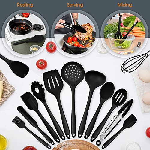 Kitchen Utensils Set, E-far 15-Piece Silicone Cooking Utensils with Holder, Non-stick Cookware Friendly & Heat Resistant, Includes Ladle Spatula Spoon Slotted Turner for Cooking & Baking (Black)