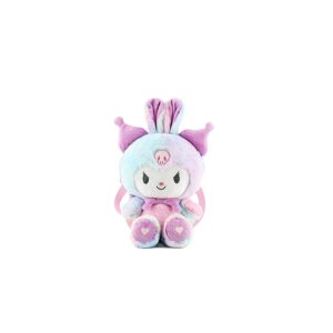 awcvire kuromi my melody plush backpack, 15.7" cute cartoon figure plush doll schoolbag for kids and girls, adorable plush bag for series fans (purple-a)