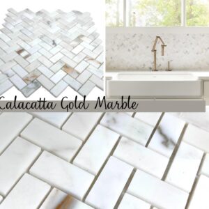 Tenedos Calacatta Gold Oro Grayish Marble Herringbone Mosaic Floor Wall Tile Backsplash Polished for Kitchen, Bathroom Shower, Fireplace Surround, Accent Decor