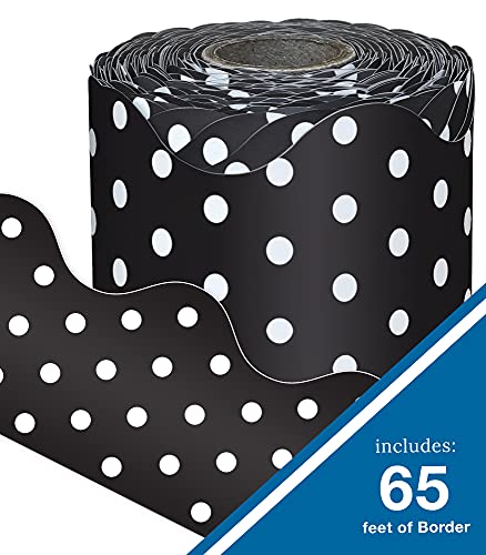 Carson Dellosa 65 Feet Black and White Polka Dots Bulletin Board Borders, Scalloped Border Trim, Rolled Classroom Borders for Bulletin Board, White Board, Cork Board, Black and White Classroom Décor