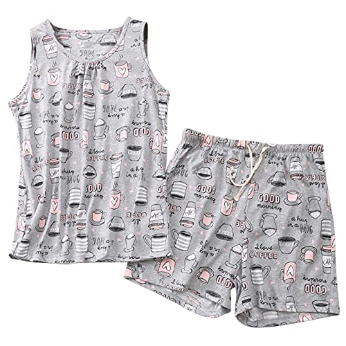 Lu's Chic Women's Short Pajama Set Cute 2 Piece Sleepwear Cotton Print Sleeveless Loungewear Summer Drawstring Pleated Tank Crew Neck Grey Cup Large