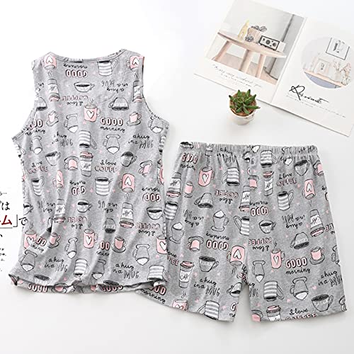 Lu's Chic Women's Short Pajama Set Cute 2 Piece Sleepwear Cotton Print Sleeveless Loungewear Summer Drawstring Pleated Tank Crew Neck Grey Cup Large