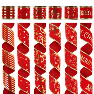 meedee red velvet wired ribbon for christmas tree 2.5 inch 6 rolls 36 yards christmas ribbon set wide velvet ribbon wired ribbon for christmas tree velvet red ribbon red and gold christmas tree ribbon