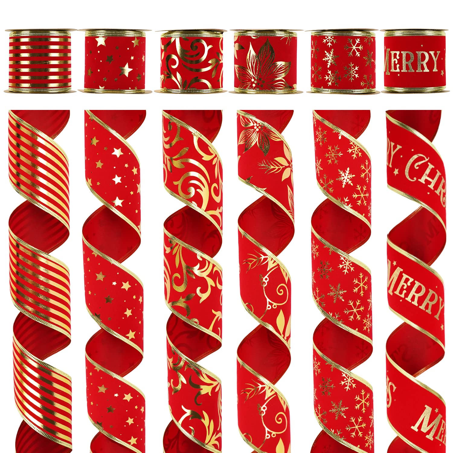 MEEDEE Red Velvet Wired Ribbon For Christmas Tree 2.5 Inch 6 Rolls 36 Yards Christmas Ribbon Set Wide Velvet Ribbon Wired Ribbon For Christmas Tree Velvet Red Ribbon Red And Gold Christmas Tree Ribbon