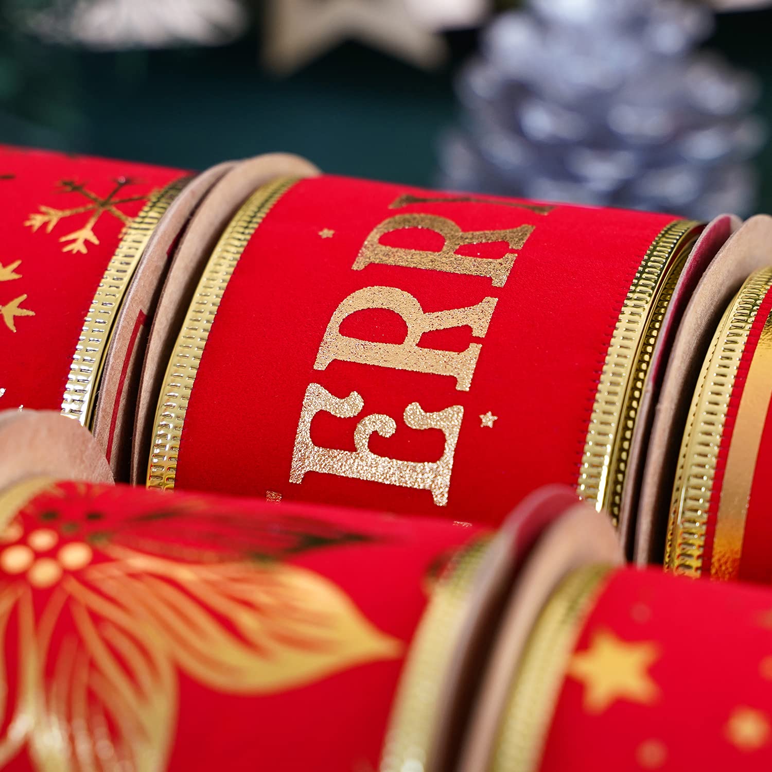 MEEDEE Red Velvet Wired Ribbon For Christmas Tree 2.5 Inch 6 Rolls 36 Yards Christmas Ribbon Set Wide Velvet Ribbon Wired Ribbon For Christmas Tree Velvet Red Ribbon Red And Gold Christmas Tree Ribbon