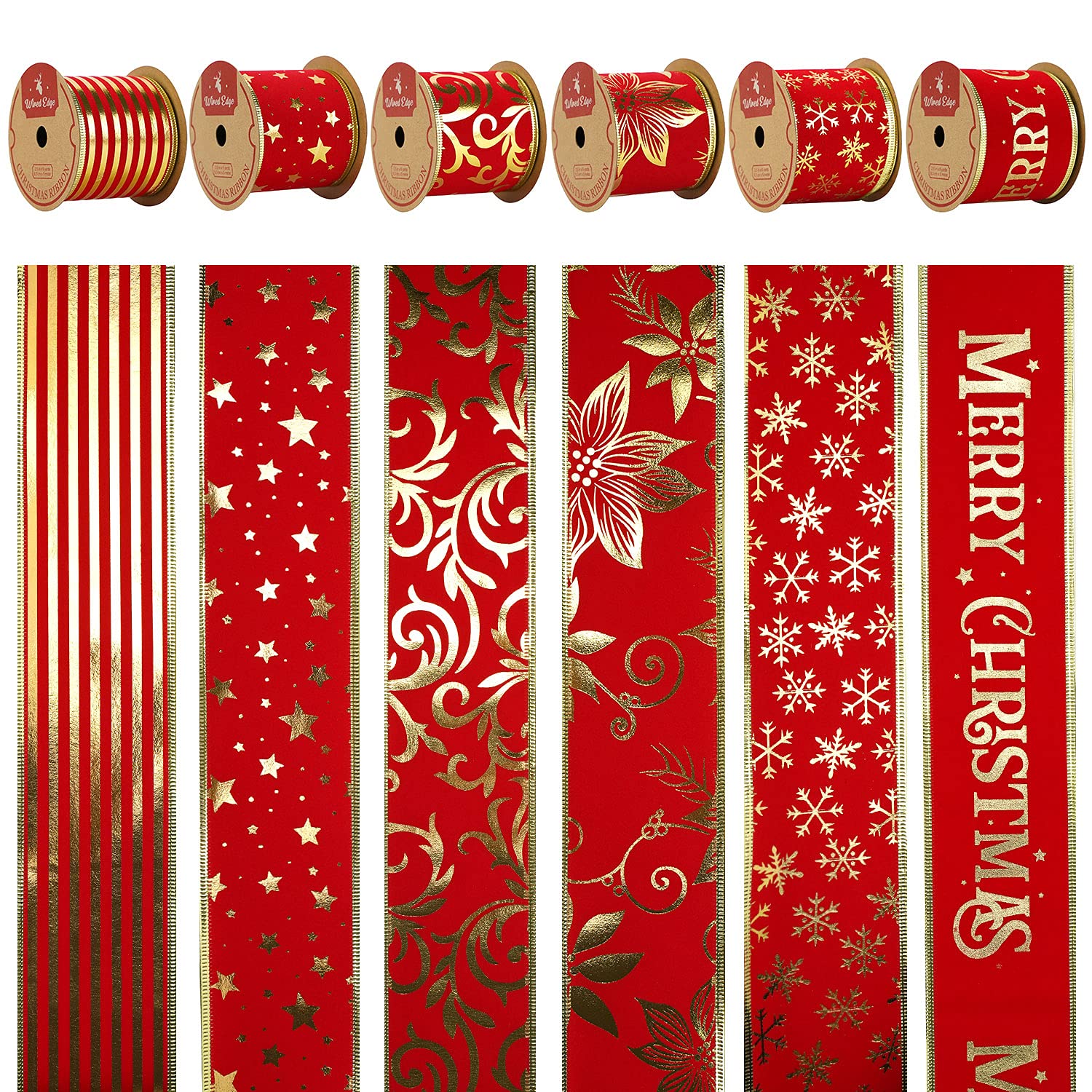 MEEDEE Red Velvet Wired Ribbon For Christmas Tree 2.5 Inch 6 Rolls 36 Yards Christmas Ribbon Set Wide Velvet Ribbon Wired Ribbon For Christmas Tree Velvet Red Ribbon Red And Gold Christmas Tree Ribbon