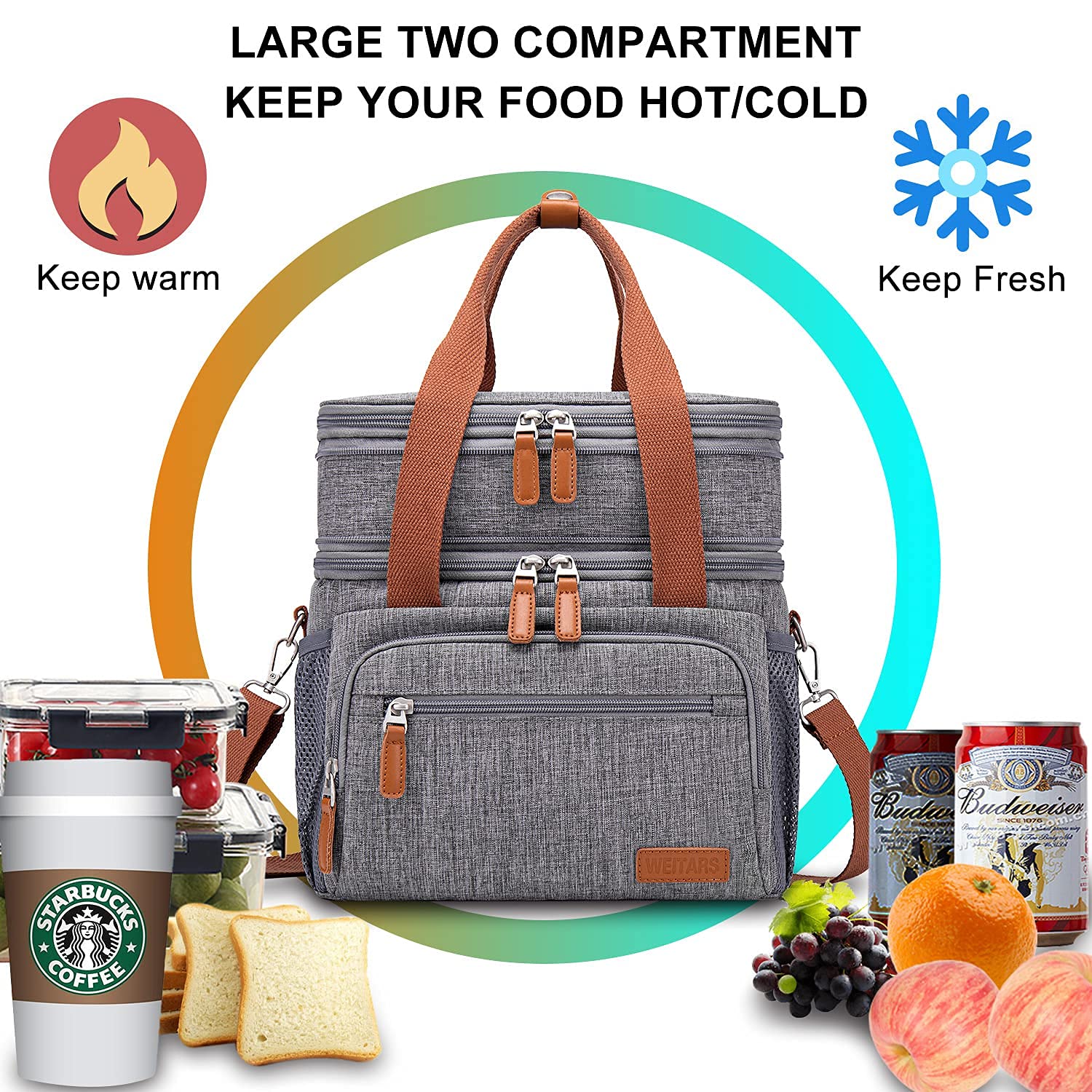 Weitars Lunch Bag for Women Men, Loncheras Para Mujer Dual Compartment Waterproof Reusable Large Lunch Box Wide-Open Cooler Tote Bag For Working Picnic Hiking (15L) (Gray(kahki))