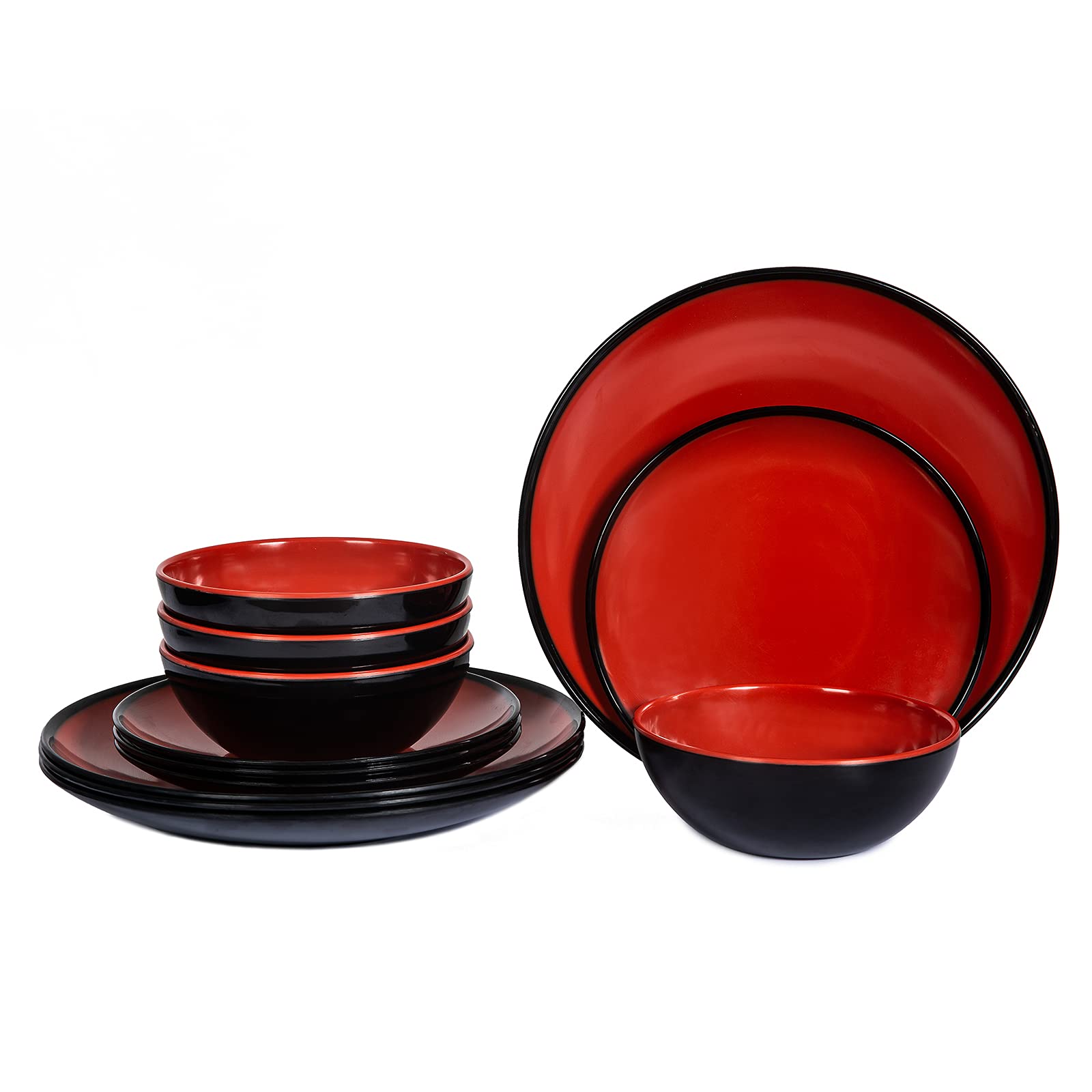 Melamine Dinnerware Set - 12pcs dinnerware set Indoor and Outdoor use, Plates and Bowls Set for 4, Two-color Design Dishes, Dishwasher Safe (Red+Black)