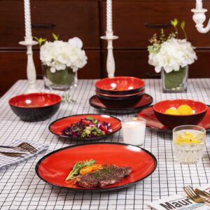 Melamine Dinnerware Set - 12pcs dinnerware set Indoor and Outdoor use, Plates and Bowls Set for 4, Two-color Design Dishes, Dishwasher Safe (Red+Black)