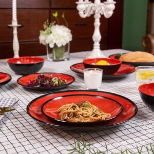 Melamine Dinnerware Set - 12pcs dinnerware set Indoor and Outdoor use, Plates and Bowls Set for 4, Two-color Design Dishes, Dishwasher Safe (Red+Black)