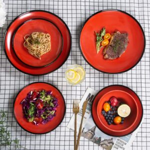 Melamine Dinnerware Set - 12pcs dinnerware set Indoor and Outdoor use, Plates and Bowls Set for 4, Two-color Design Dishes, Dishwasher Safe (Red+Black)