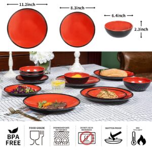 Melamine Dinnerware Set - 12pcs dinnerware set Indoor and Outdoor use, Plates and Bowls Set for 4, Two-color Design Dishes, Dishwasher Safe (Red+Black)