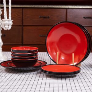 Melamine Dinnerware Set - 12pcs dinnerware set Indoor and Outdoor use, Plates and Bowls Set for 4, Two-color Design Dishes, Dishwasher Safe (Red+Black)